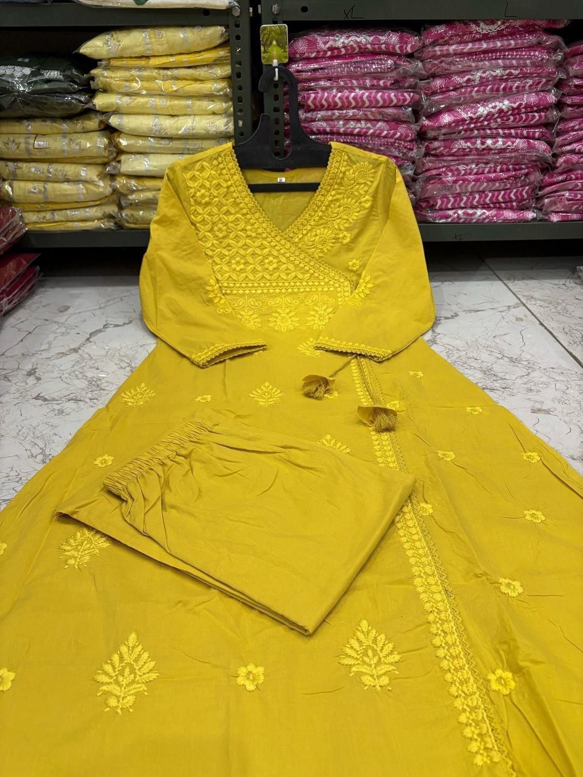Yellow Chikankari Cotton Angrakha Kurti Pant Set